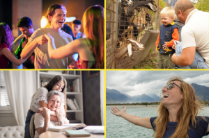 4 pictures showing people dancing , woman by a lake, child feeding goats woman hugging older woman at a table