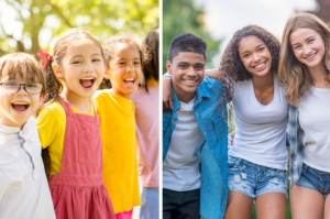 3 young children laughing and 3 teenagers laughing